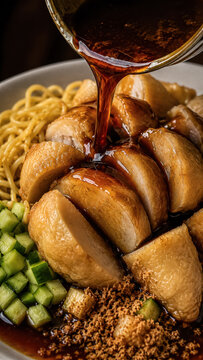 Indonesian pempek fish cakes served with dark cuko sauce, cucumber, and noodles .generative AI