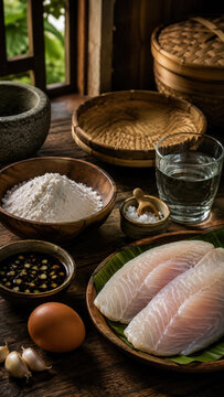 Raw pempek ingredients with fish paste, flour, eggs, spices, and bamboo kitchen tools .generative AI