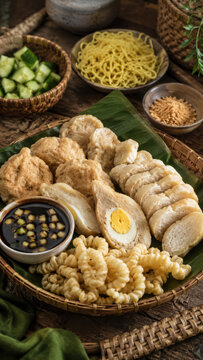 Assorted pempek pieces arranged with noodles, egg, cucumber, and sauce on banana leaves .generative AI