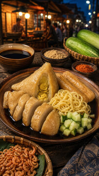 Night market pempek platter with fried fish cakes, noodles, cucumber, and dipping sauce .generative AI