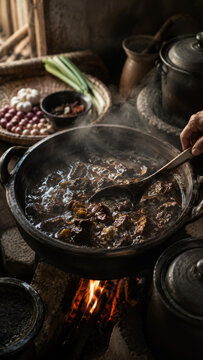 Rawon black soup simmering in a smoky pot over fire with a ladle in a rustic kitchen .generative AI