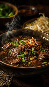 Steaming bowl of rawon black beef soup with herbs and crispy garnish in a rustic setting .generative AI