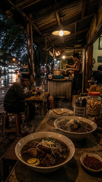 Bowl of rawon served inside a dark rustic night market stall with warm hanging lights .generative AI