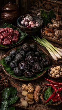 Rawon ingredients with kluwek nuts, spices, herbs, chilies, and dark beef soup components .generative AI