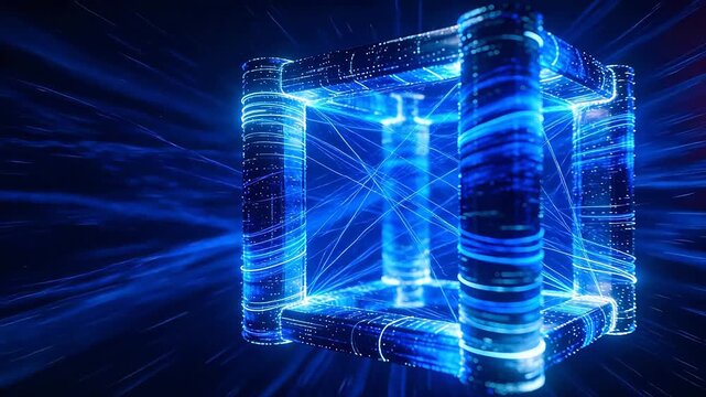 Futuristic cubic framework with colorful glowing light bands in dark space