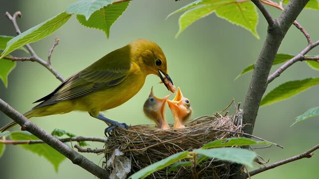 Yellow bird, nest and feeding chicks in tree with worms for parenting, wildlife and nature documentary. Mother avian, offspring and habitat in forest with nurture, hungry babies and spring life