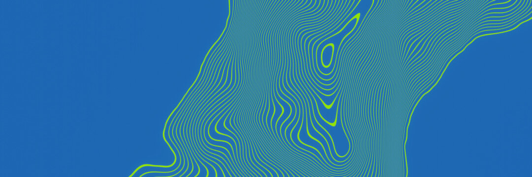 Green mountain contour lines on blue background. Abstract terrain map