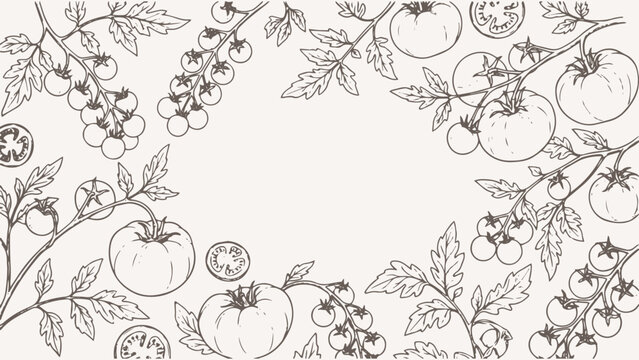 tomatoes with brunch and leaves background, hand drawn ink illustration style, vector file