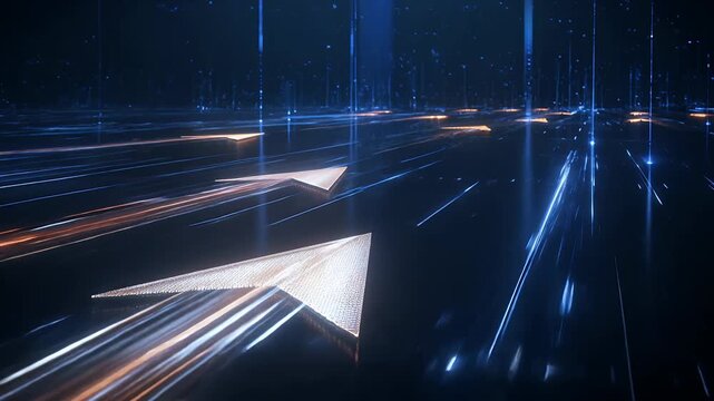 Abstract digital background, technology and arrow in motion for speed, data transfer and innovation. Network, glowing lines and energy with futuristic concept, internet and progress for success flow