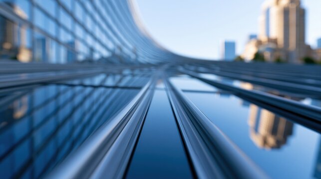 Modern Architecture Reflection on Glass Facade of Curved Building with Cityscape in Background