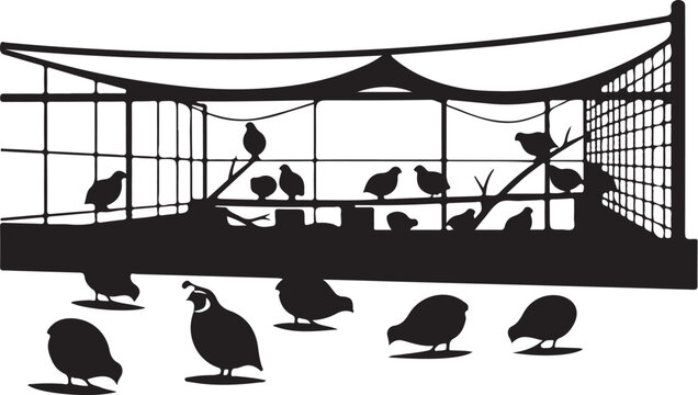 Black silhouette of quails in and outside a fenced enclosure
