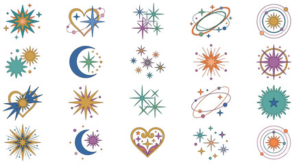 Abstract celestial elements set with colorful stars, moons, and orbits. © SABIKUNNAHAR
