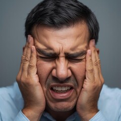 Fototapeta premium A man grimaces in pain, pressing his hands to his temples, showing signs of intense headache or stress.