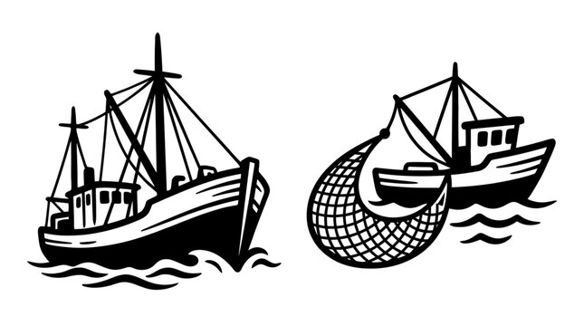 Fishing Boat Trawling Net Icon Set