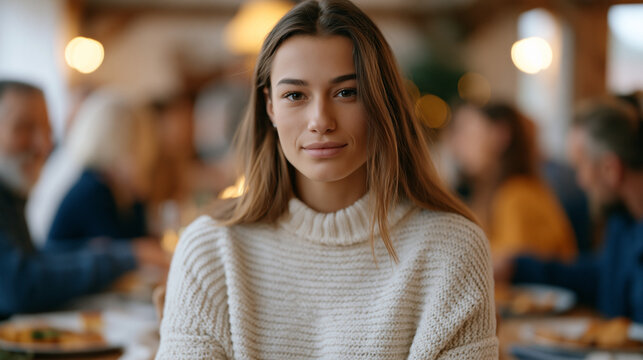 An adult daughter stares blankly at an overcrowded holiday dinner table while relatives talk loudly around her, her posture tense and withdrawn, capturing holiday family pressure,