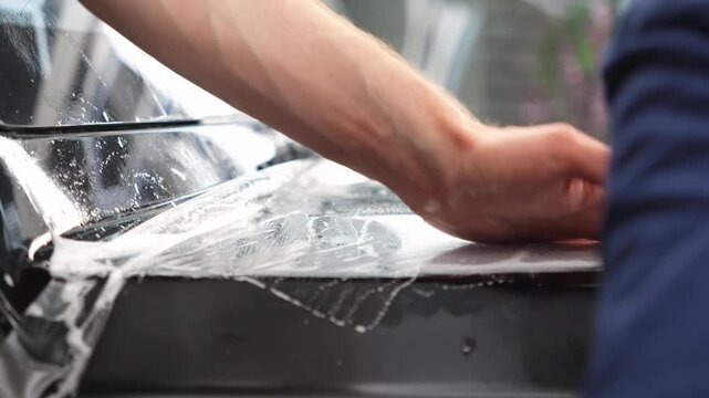 Car wrapping, detailing, tuning and styling. Selective focus. PPF protective film against chips and scratches. A car wrapping specialist applies a polyurethane film to the car. Detailer smoothes PPF. 