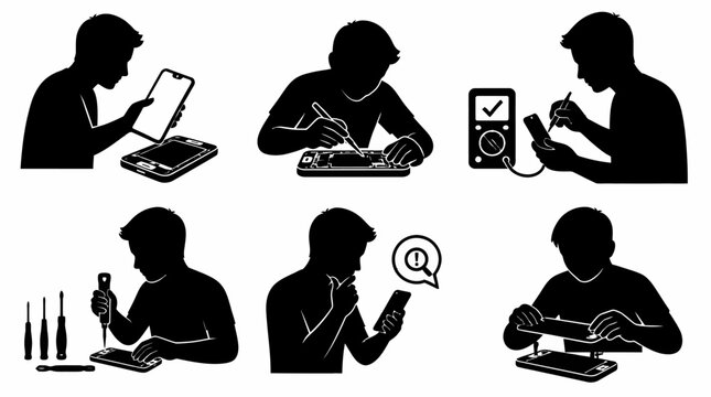 Mobile phone repair technician silhouettes with tools, electronics service