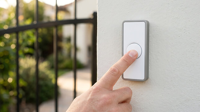 Finger pressing smart wireless doorbell button at residential home entrance gate