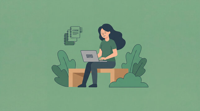 Female developer working on laptop outdoors with floating code icons