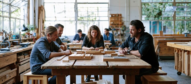 Community mentor teaching woodworking to adults in bright workshop