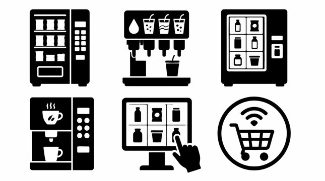 Vending machine and automated retail icon set with snack and drink dispensers, modern commerce.