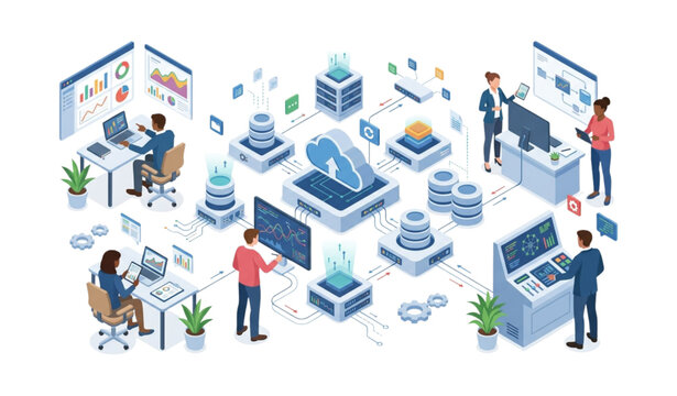 Isometric Team Analyzing Cloud Server Data and Business Analytics Vector Illustration