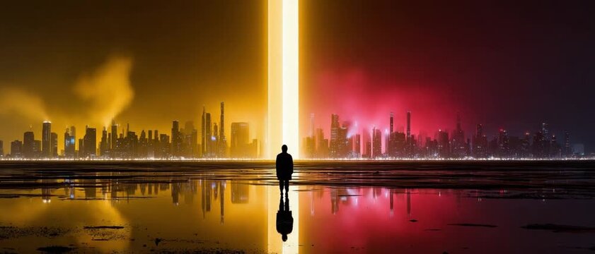 Bridge to Tomorrow: A solitary figure stands on a reflective surface, gazing at a glowing beam that pierces the cityscape, separating the warmth of the day from the intensity of the night.