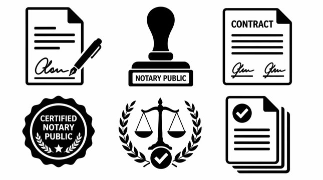 Notary public icons set with stamps and documents, law and justice concept.