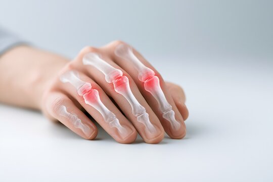 Human hand with transparent bones showing painful red arthritic joints
