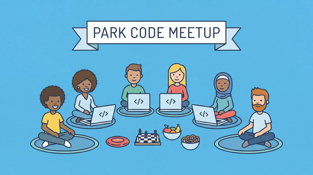 Diverse group of people coding and socializing at an outdoor meetup