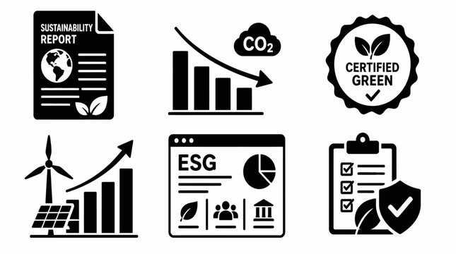 ESG and sustainability icon set with carbon reduction and green energy, corporate responsibility.