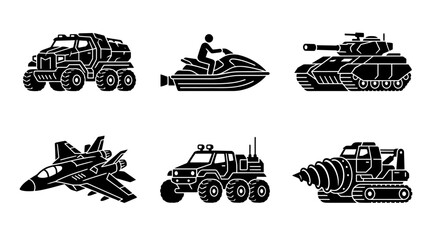 Military and Transport Vehicle Icons: Jet, Tank, ATV, Drill © chintya