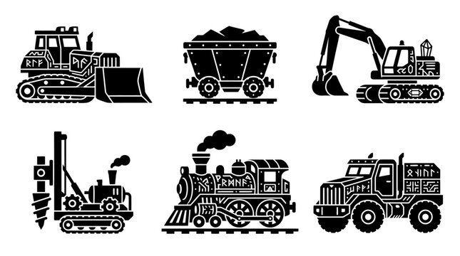 Set of construction and mining vehicles and trains, industrial icons
