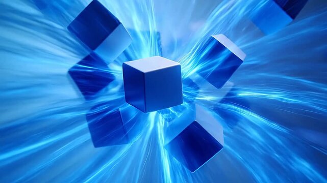 Colorful floating cubes in blue light effect with dynamic motion in technology scene