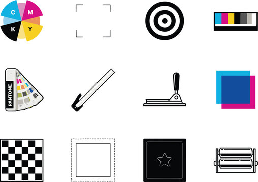 Print production and color calibration icons collection, graphic design workflow vector symbols and tools