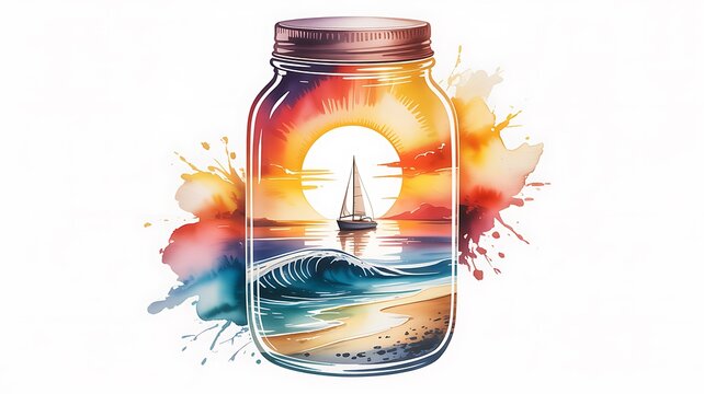Coastal ocean sunset scene with sailboat bottled inside glass jar with watercolor splashes