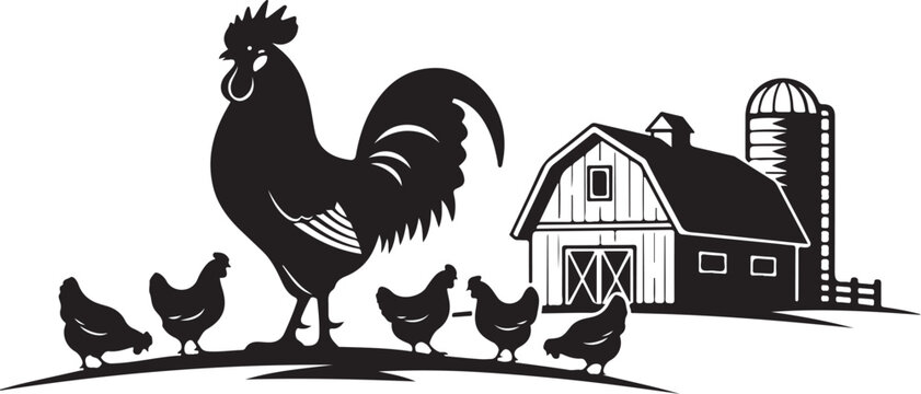Black silhouette rooster and chickens on farm with barn silo