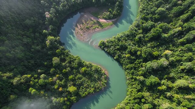 Aerial river forest, winding water and jungle for environmental conservation, nature background and travel. Amazon rainforest, drone view and misty woods with ecology, green trees and wild landscape