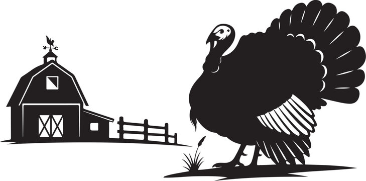 Black silhouette turkey standing near barn and fence farm