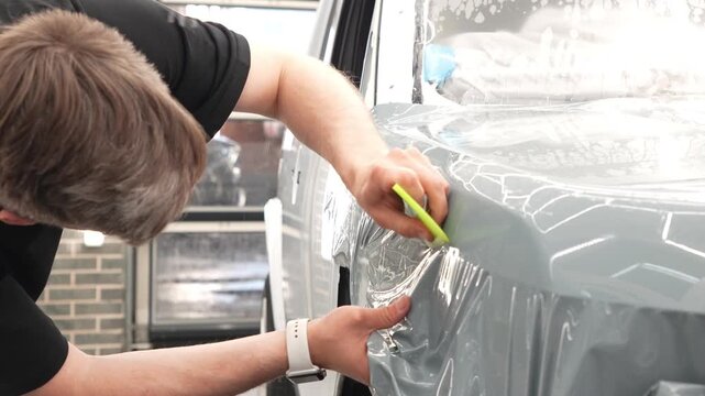 Car wrapping, detailing, tuning and styling. Selective focus. PPF protective film against chips and scratches. A car wrapping specialist applies a polyurethane film to the car. Detailer smoothes PPF. 