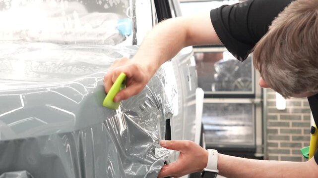 Car wrapping, detailing, tuning and styling. Selective focus. PPF protective film against chips and scratches. A car wrapping specialist applies a polyurethane film to the car. Detailer smoothes PPF. 