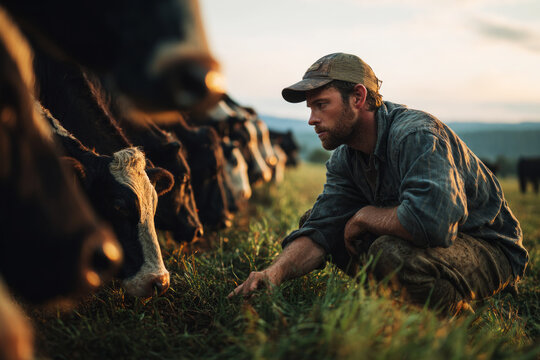 Male farmer in casual work clothes feeds cows gently in an open pasture full of green grass during the afternoon. Cows stand close and seem curious about the farmer's activity