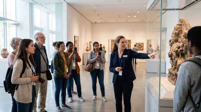 Museum guide explaining ancient sculpture