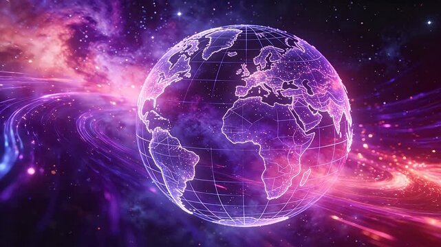 Glowing digital earth globe with continents on a purple grid in a colorful space nebula