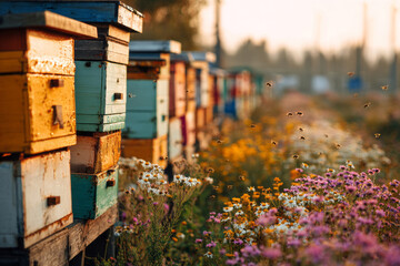 Fototapeta premium Rows of wooden hives stand in a countryside area filled with wildflowers. Bees are flying around the hives, collecting pollen during the warm afternoon sun