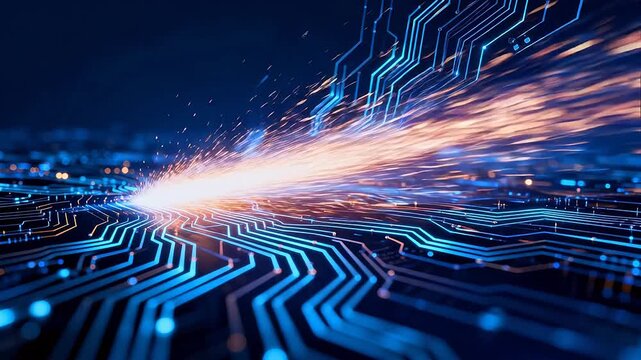 Blue digital circuit board with glowing nodes and colorful energy bursts on dark background