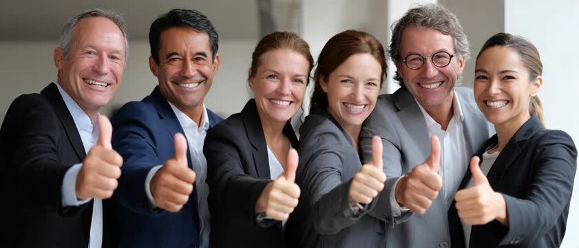 Positive Teamwork: A group of diverse business professionals flash a smile and give a thumbs-up, embodying confidence and success in a modern office setting.
