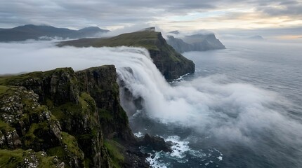 Fototapeta premium Dramatic waterfall flowing over cliffs into the ocean with mist and cloudy sky.
