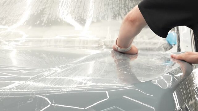 Car wrapping, detailing, tuning and styling. Selective focus. PPF protective film against chips and scratches. A car wrapping specialist applies a polyurethane film to the car. Detailer smoothes PPF. 
