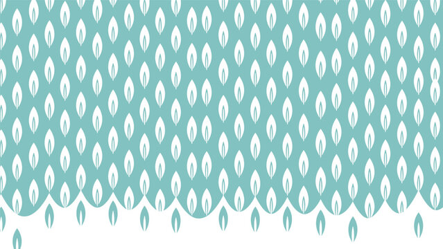 Repeating pattern of small white leaves on a teal background featuring a decorative scalloped edge along the bottom border.